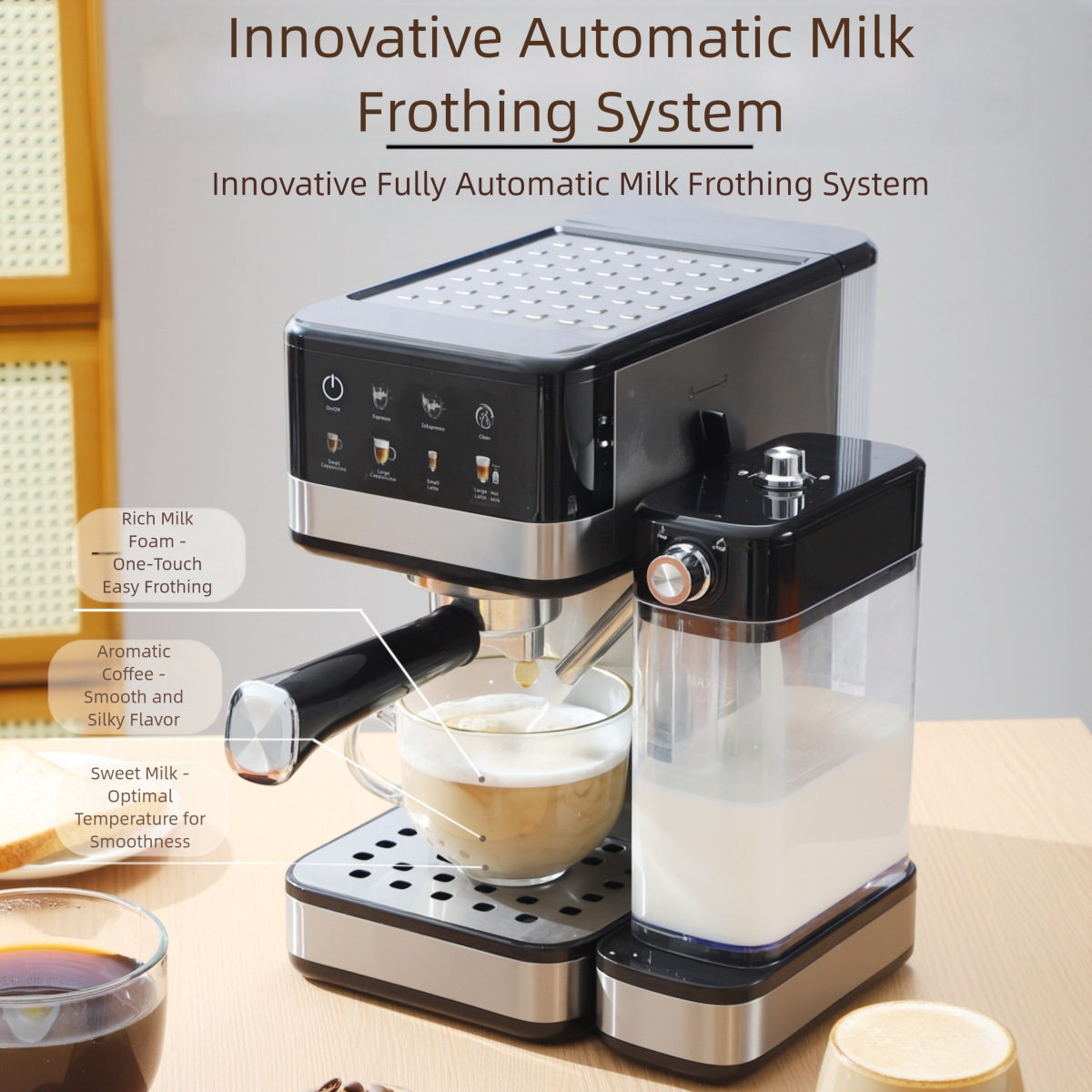 Cross-Border Italian-Style Fancy Coffee Machine with Milk Tank, Automatic Milk Foaming, One-Click Liquid Dispensing, Latte Color Screen, Intelligent Control Machine Supply