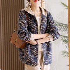 新型ママ春服ファッション減齢ジャケットジャケット洋気中年女性春秋ゆるいカジュアルフード付き上着