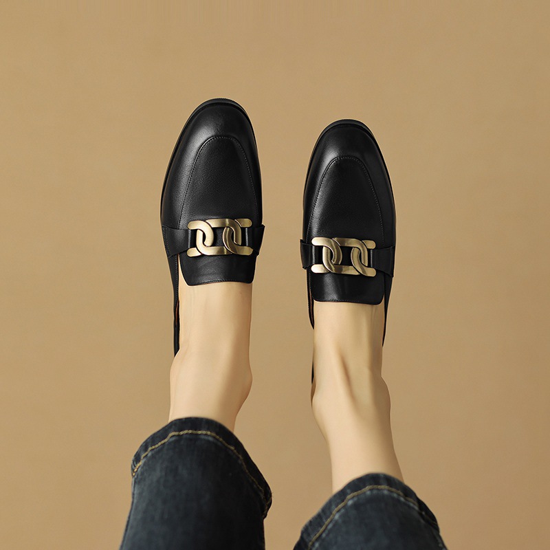 Giày mule nữ da bò mũi nhọn gót thấp 2 cm — Màu đen