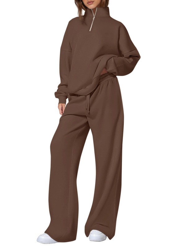 独立站女式休闲两件套2025秋冬季半拉链运动衫直筒裤运动服旅行套|undefined