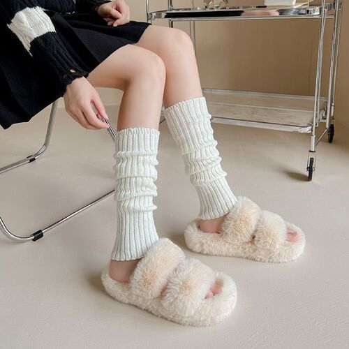 Sock covers for women solid color double-needle knitted thick line vertical strip long boot covers college style girl jk Japanese trend pile socks