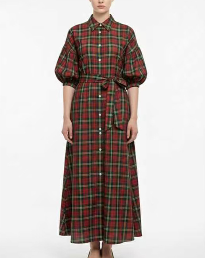 Women's Christmas Themed Long Casual Fashion Shirt Dress In Green And Red Plaid_ecoleips.com