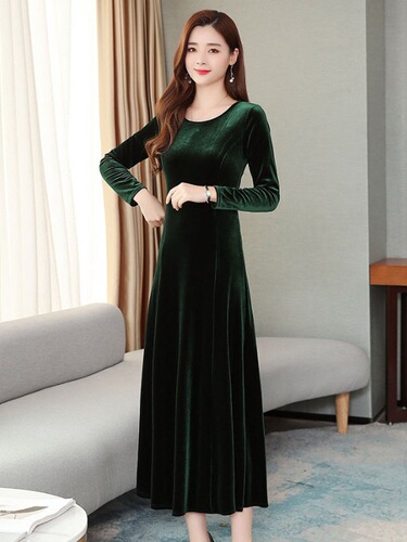 Velvet Chic Dress for Spring, Autumn, and Winter - Long Skirt Mother's Baseqiu Covering Stomach, Elegant and Thick Knee-Length