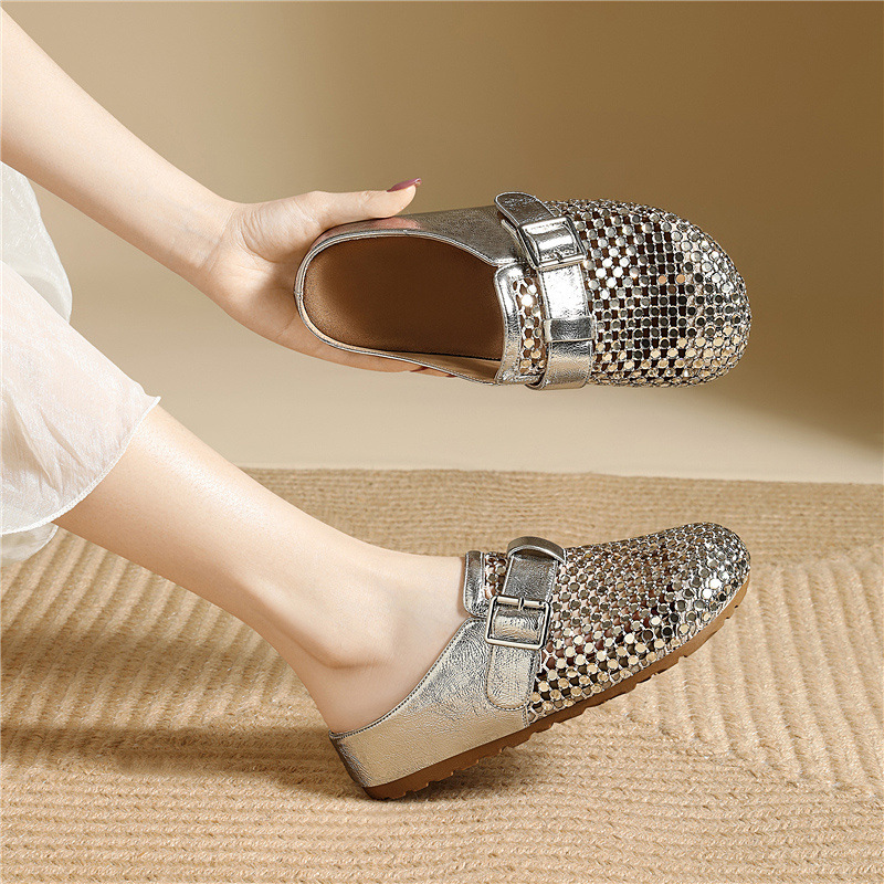 Giày sandal nữ hở mũi đính đá pha lê Burken mùa hè 2026, dáng nửa dép đi làm tiện lợi — 6099 lạc đà, 6099 Vàng