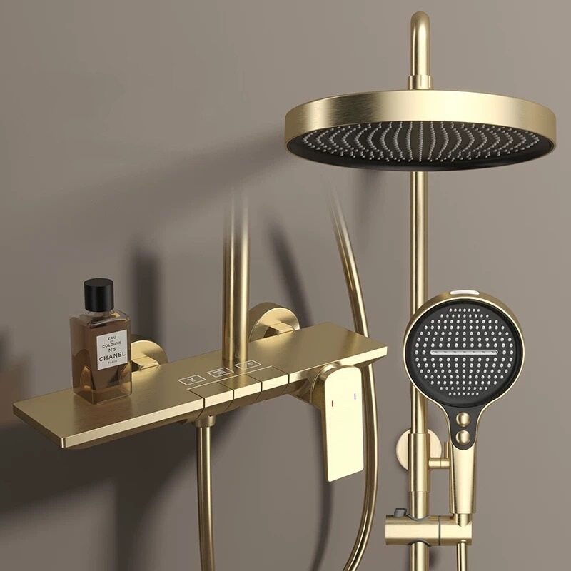 Cross-Border Brushed Gold Full Copper Piano Key Rain Shower Hot and Cold Water Pressurized Shower Handheld Shower Set