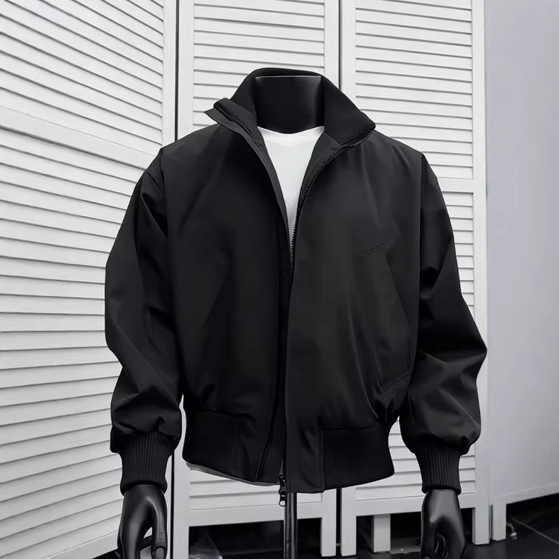 Cleanfit Black Short Workwear Jacket for Men, American-Style Three-Proof Stand Collar Baseball Jacket Bomber Pilot Jacket