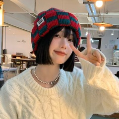 碁盤の格子のニットの帽子の女性の秋冬の韓国版の小さい大衆の大きい頭は毛糸の帽子を囲みます。