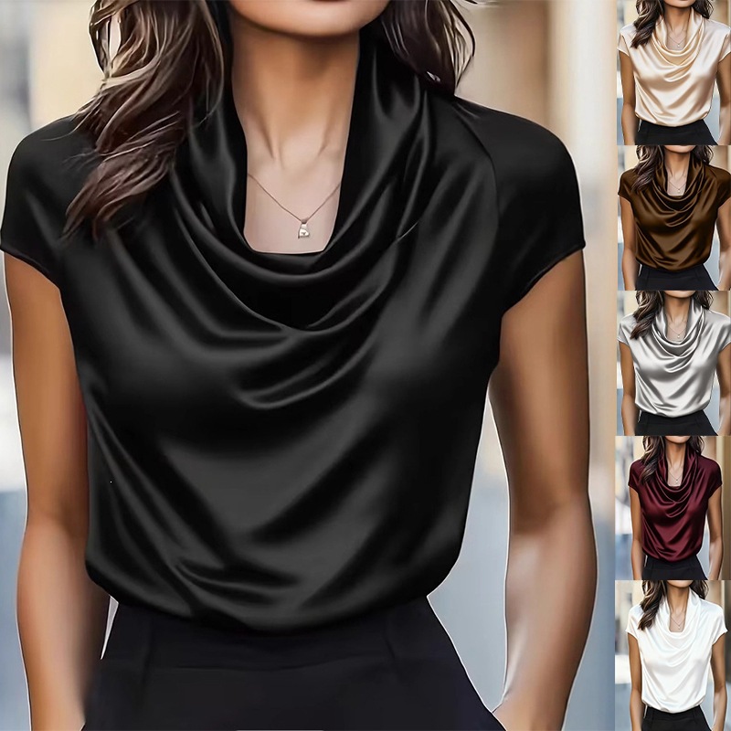 2026 Spring/Summer Amazon Cross-Border Independent Site New Women's Fashion Draped Collar Short Sleeve Top Versatile Shirt for Women