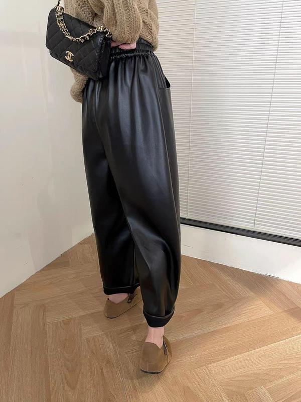 2025新款皮裤女秋季韩版pu皮高腰阔腿裤九分裤百搭时髦哈伦裤女款|undefined