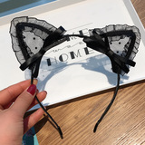 Кружевная сетка, кружевной бант, повязка на голову с кошачьими и кроличьими ушками, декоративная повязка на голову, аксессуары для волос для женщин, завязанная в японском и корейском стиле