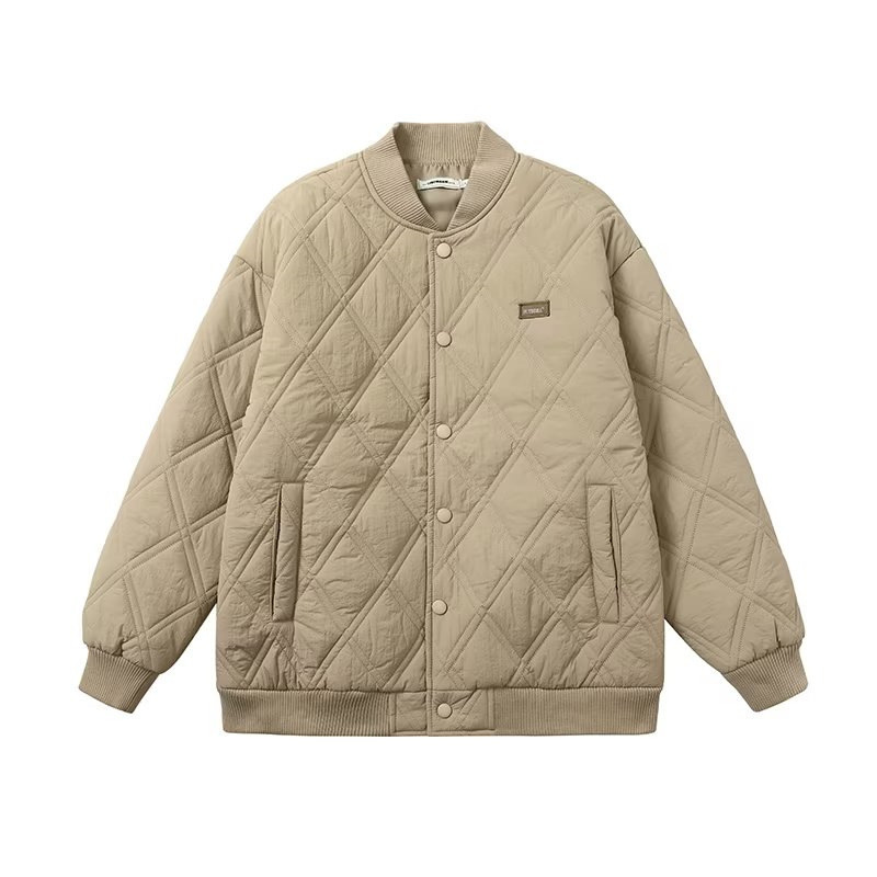 メンズ冬用ジャケット、野球風コットンジャケット、メンズハイストリートブランド、襟なしパンコート、冬用ティーンエイジャー向けコットンジャケット