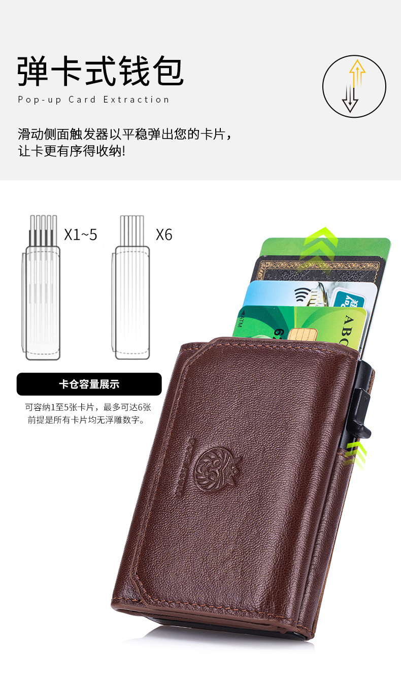 Ví nam gập mini da bò thật chống trộm RFID ba khúc — Đỏ nâu, Đen, Cà phê - Ngựa điên chi tiết 5