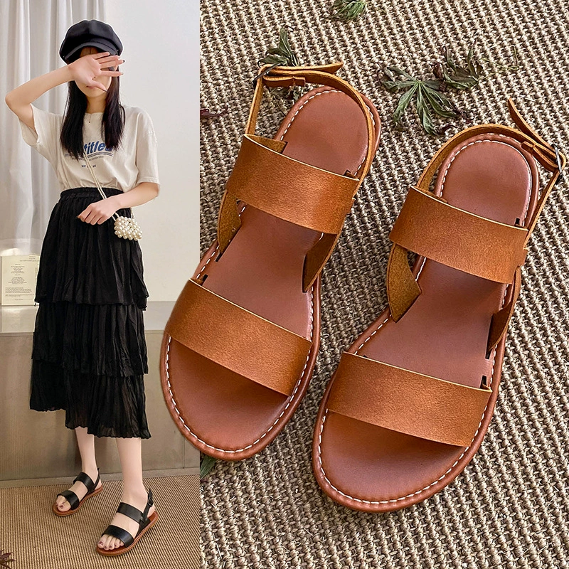 Женские сандалии больших размеров 35-43 ярда 2023 летние новые коричневые удобные туфли на плоской подошве в стиле ретро, внешняя торговля в наличии