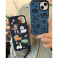 可愛牛仔刺繡狗狗適用iphone15Promax蘋果13手機殼14Pro女11/12潮