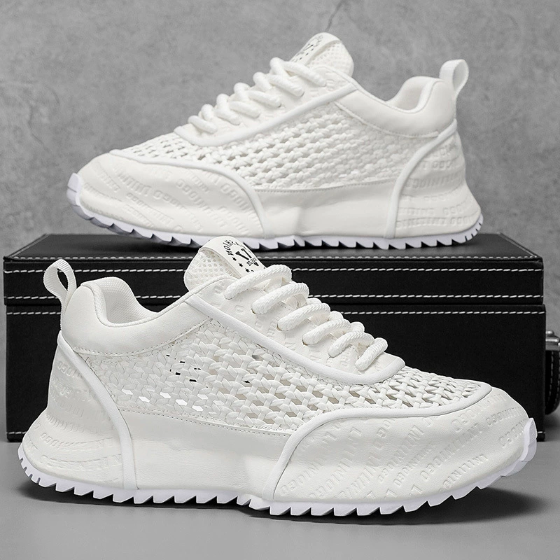 Мужские кроссовки 2025 новые летние дышащие на толстой подошве увеличивающие рост белые повседневные универсальные перфорированные туфли