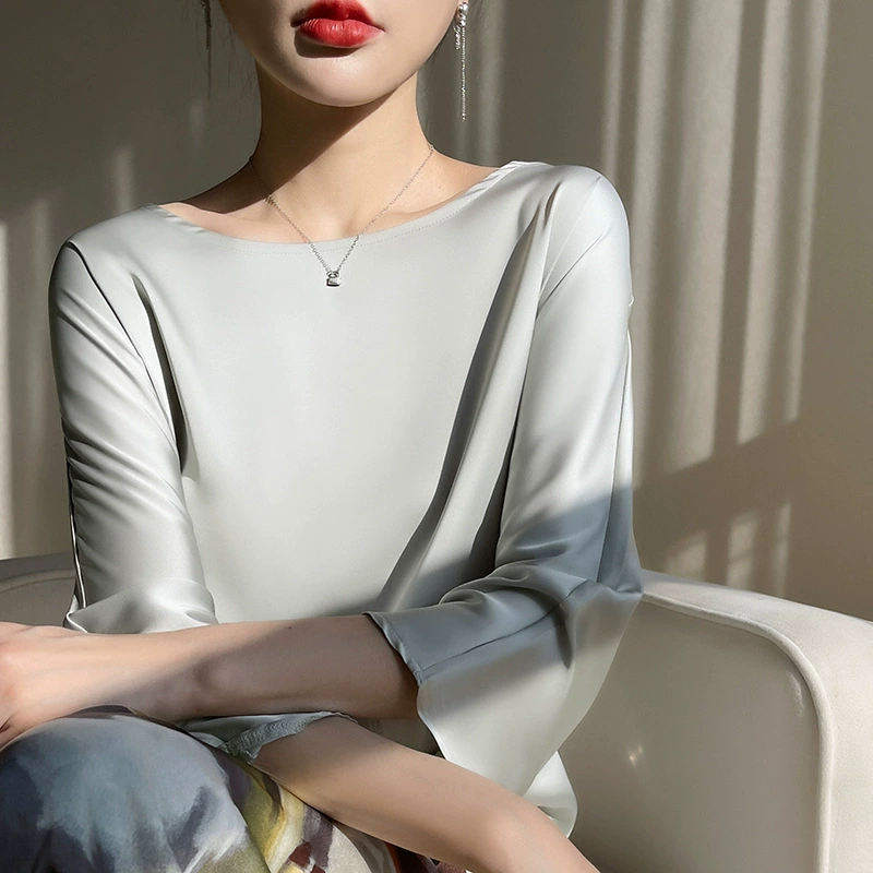 Round-neck women's pullover, satin-look emulation silk, thin commuter base shirt, 3/4 sleeves