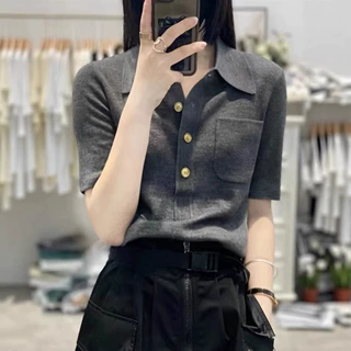 时髦洋气Polo领针织短袖女欧洲站宽松显瘦半袖衬衫翻领T恤衫