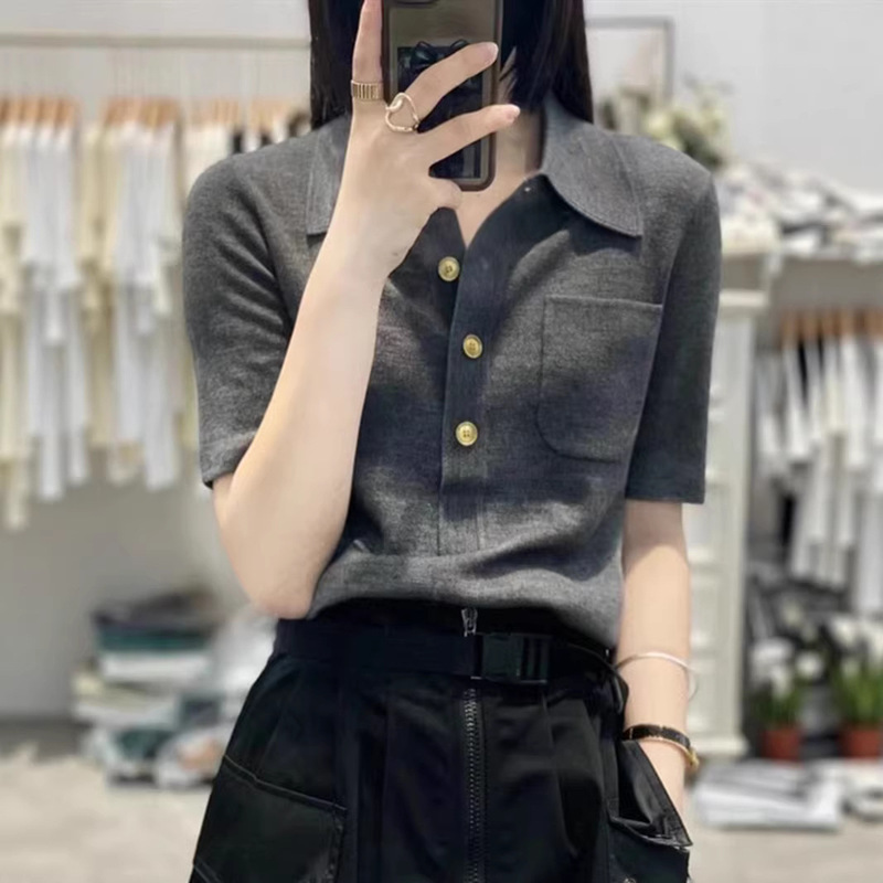 Fashionable and Stylish Polo Collar Knitted Short-Sleeved Women's European Station Loose Slimming Look Half-Sleeved Shirt Lapel T-Shirt