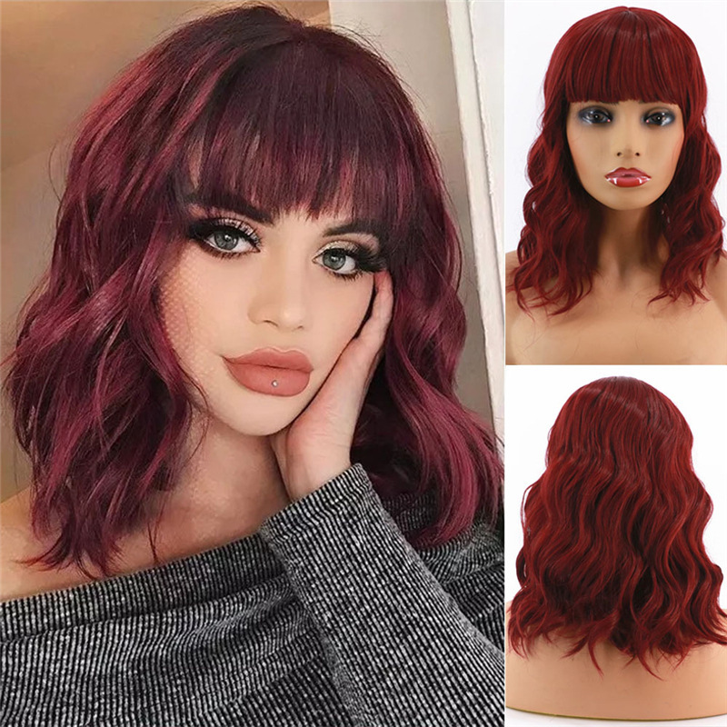 Wig European and American Women's bobo Head Short Curly Hair Wig Air Bangs Water Ripple Medium and Long Curly Hair Chemical Fiber Hair Sleeve