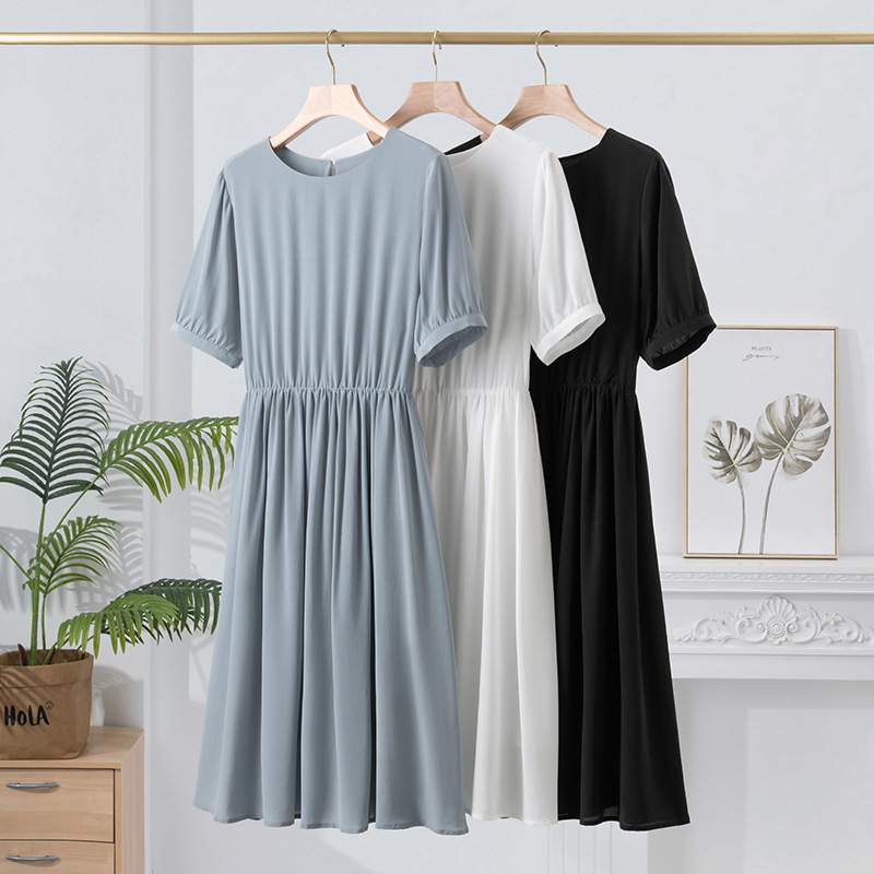 Summer New Mulberry Silk Dress Women's Loose White Skirt Commuter Short-Sleeved Simple Style Mid-Length Skirt