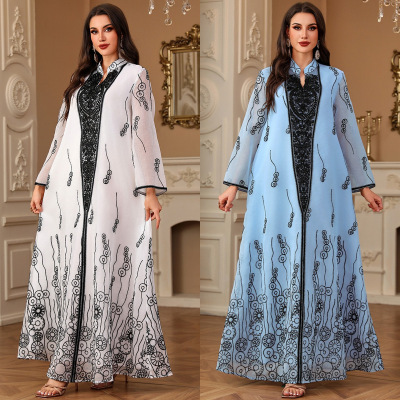 4158中東跨境外貿女裝迪拜長袍貼花刺繡亮片阿拉伯土耳其連衣裙