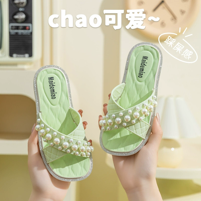 Fashionable children's summer non-slip slippers from pearl, slide indoor for princess, city style, wholesale, soft sole