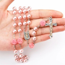 亚马逊热卖粉色玫瑰花珍珠项链念珠项链十字架项链necklace饰品