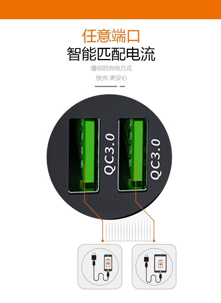 Car charger fast charging car cigarette lighter USB flash charging one-on-two fast charging QC3.0 car charger conversion head