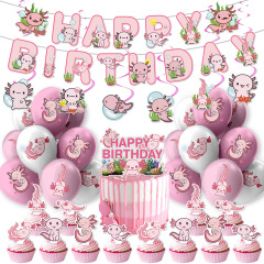 イモリのテーマのかわいい動物の誕生日は旗を引いてケーキを飾ります。