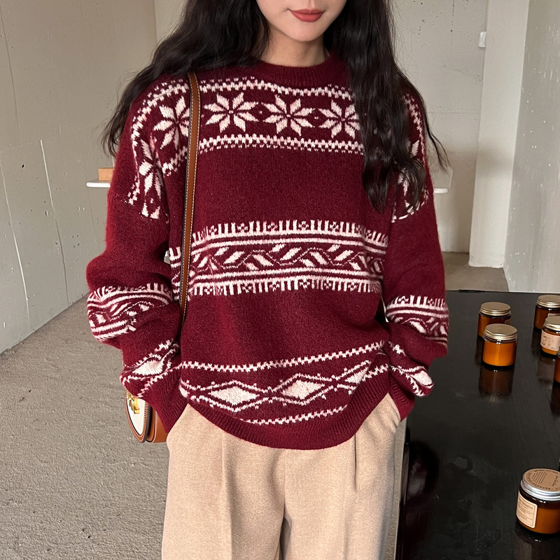 Special offer geometric figure contrast color retro snowflake sweater winter New Christmas New Year thickened sweater for women 6290