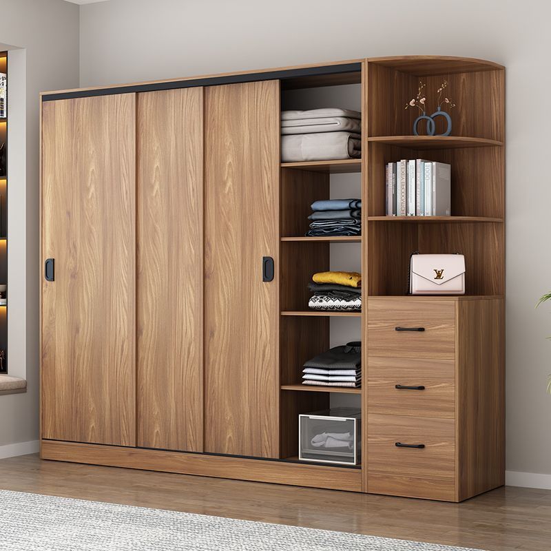 Wardrobe Home Bedroom Solid Wood Sliding Door Wardrobe Modern Simple Storage Storage Cabinet New Installation-Free Wardrobe