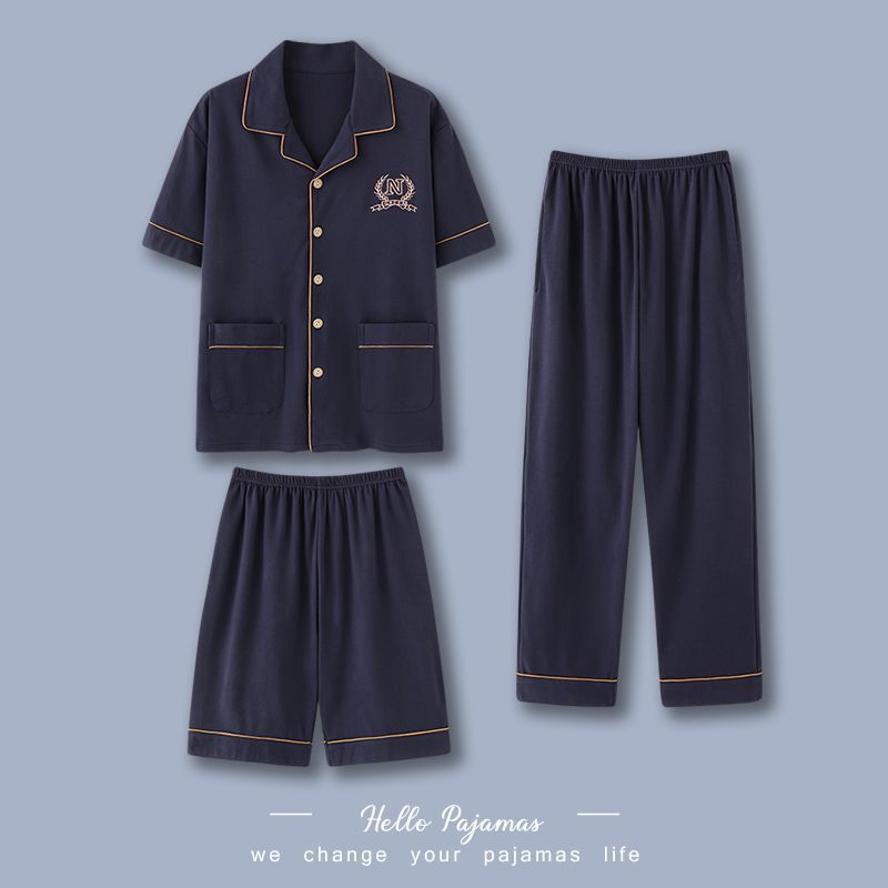 Pijamas de tres piezas para hombre verano 100% algodón pantalones de manga corta traje Delgado verano dibujos animados más tamaño homewear