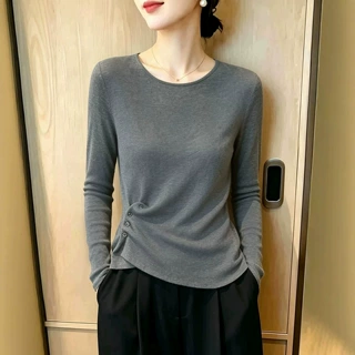 气质简约风圆领长袖T恤女2026秋设计感褶皱收腰打底衫上衣A14313