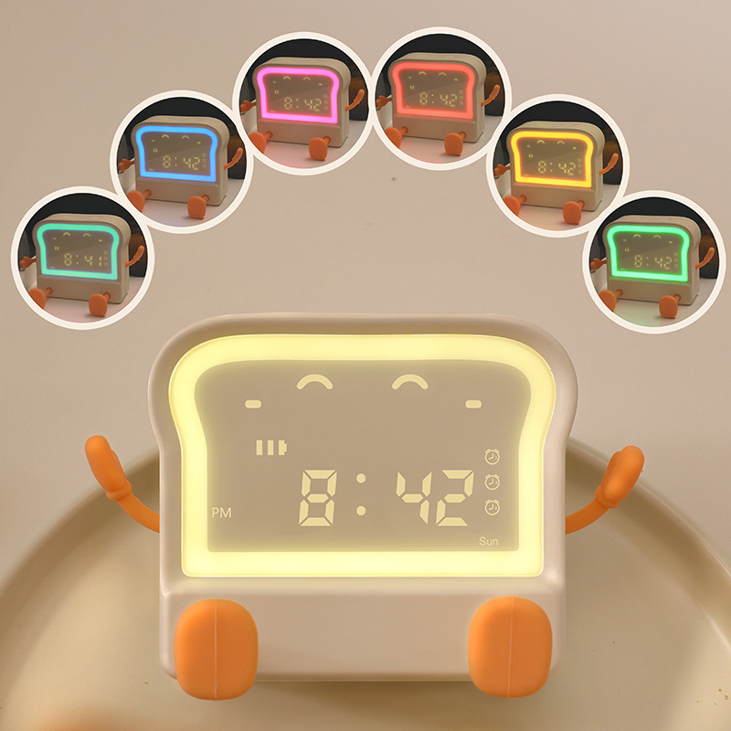 跨境新品吐司闹钟学生专用充电款儿童计时器桌面七彩灯多功能时钟