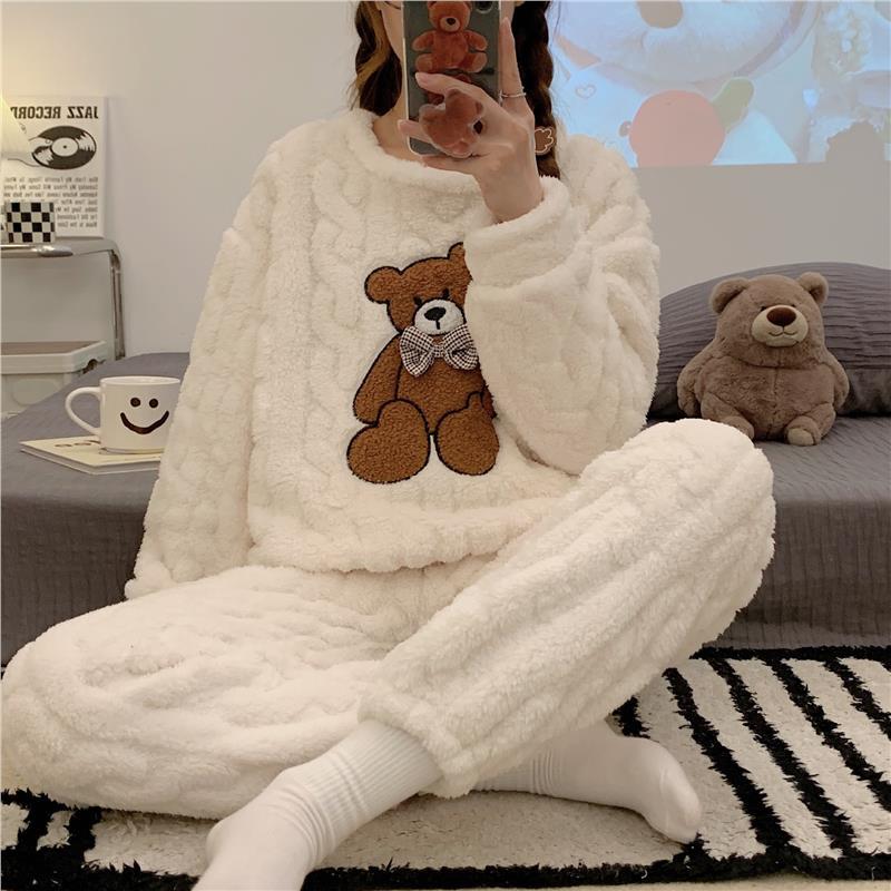 韩版长毛绒睡衣女秋冬季加绒加厚可外穿法兰绒甜美家居服套装ins