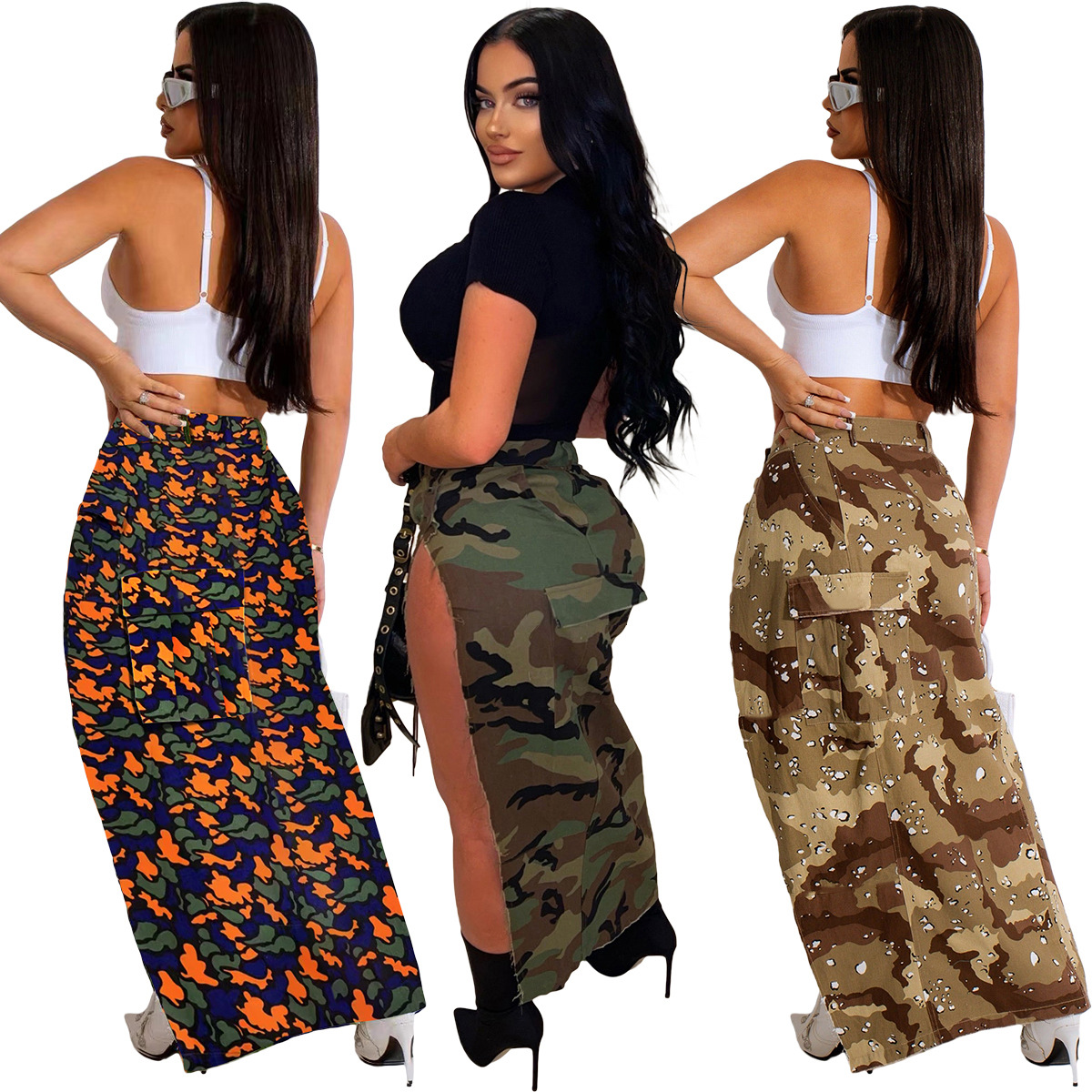 Summer Spring Autumn Casual Camouflage Cotton Midi Dress Skirts display picture 4