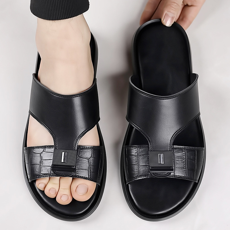 Men's Leather Outdoor Beach Slippers With Soft Sole And Open Toe_voghion.com