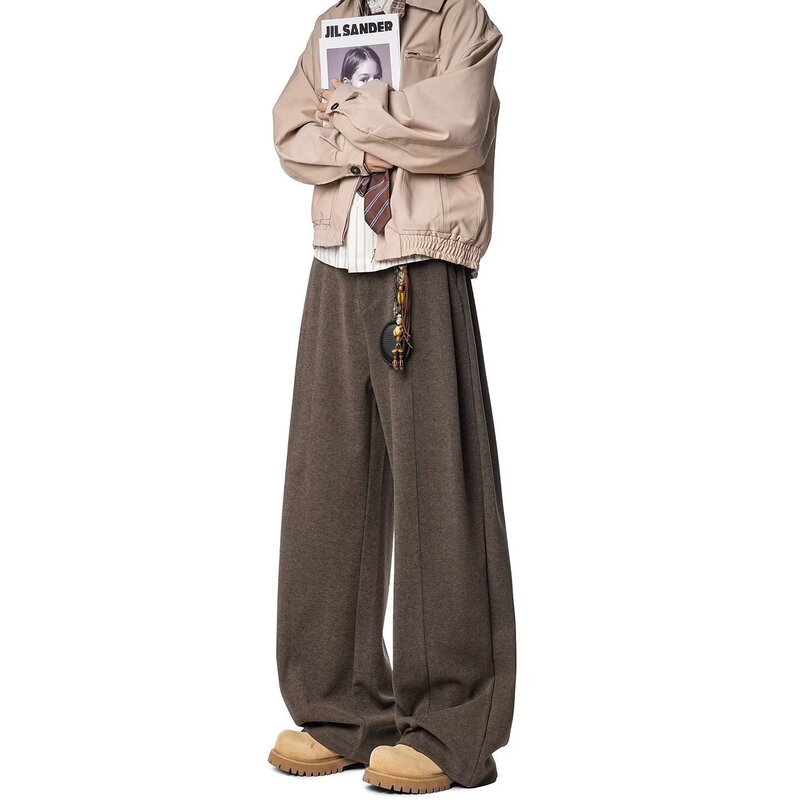 Korean-Style Fashionable High-Quality Woolen Trousers for Men, Cleanfit Wide-Leg Drapey Curved Pants, Loose Coffee-Colored Long Pants Korean-Style Fashionable High-Quality Woolen Trousers for Men, Cleanfit Wide-Leg Drapey Curved Pants, Loose Coffee-Colored Long Pants