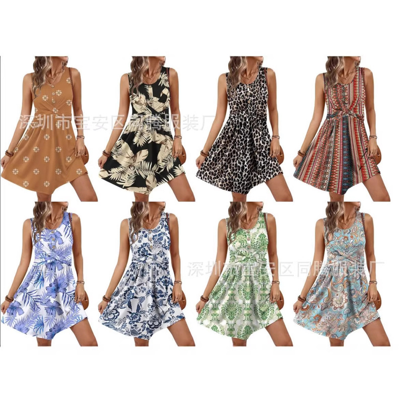 2026 New Amazon Independent Site Casual Spring and Summer Loose Short-Sleeved U-Neck Printed Semi-Formal Dress