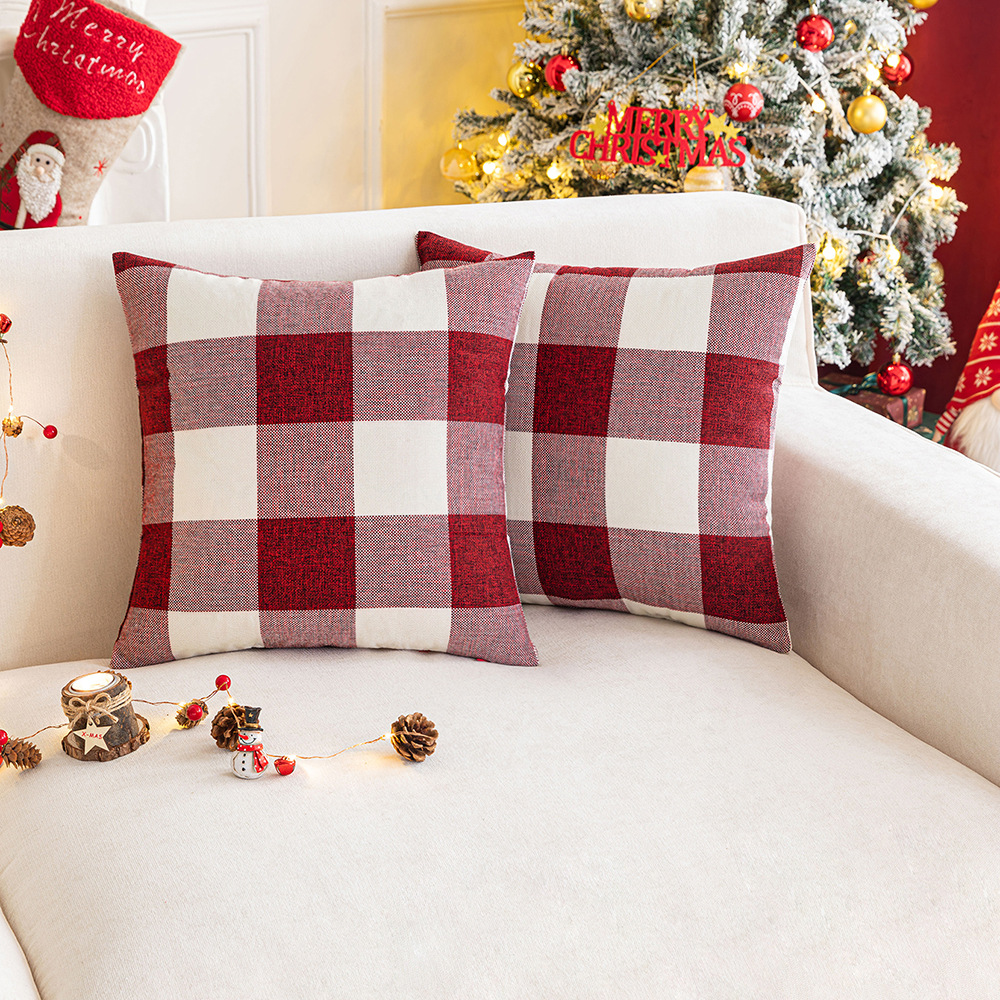 圣诞节红格抱枕套仿棉麻客厅沙发靠垫套跨境布艺色织大格子靠枕套