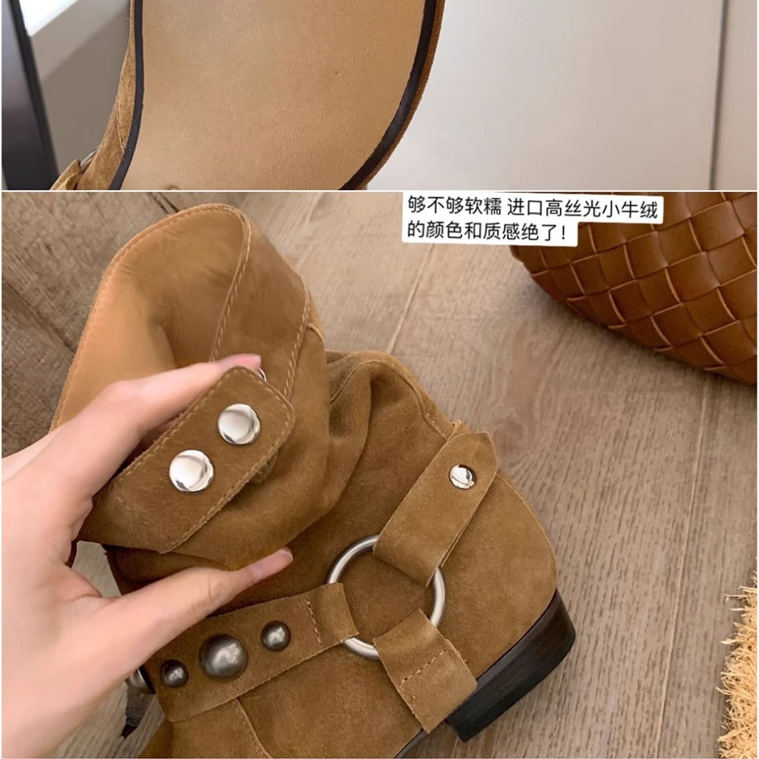 Sichuan Girl GD Edition Rivet Outdoor Autumn Coarse Heel Western Cowboy Short Women Martin Velvet Leather Pointed Boots_voghion.com