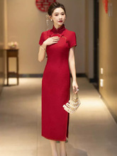 红色真丝旗袍2025新款夏桑蚕丝美龄襟喜妈妈婚宴新娘旗袍订婚礼服