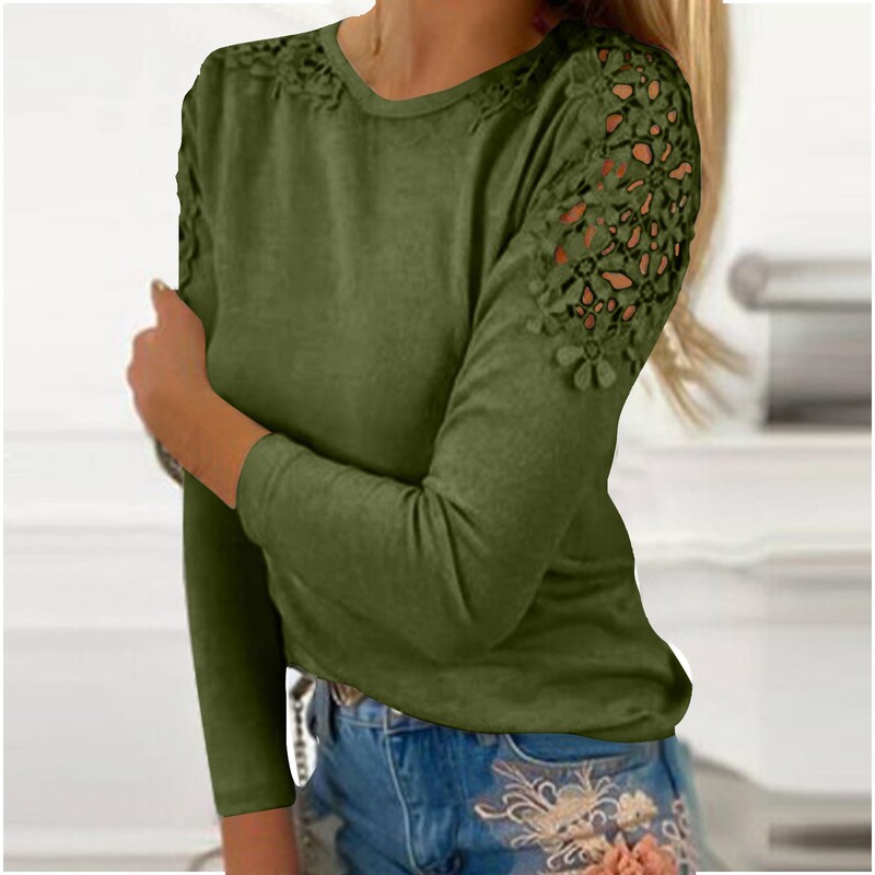 Hot Women's Sweater Solid Color Slim-Fit Lace Hollow Long Sleeve Round Neck T-Shirt Top