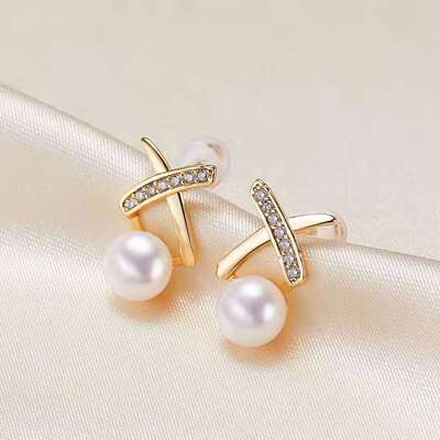 厂家直供几何十字淡水珍珠耳钉女时尚S925银针耳环耳饰批发|ru