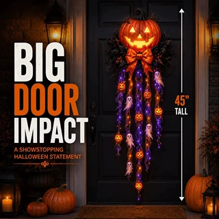 跨境Lighted Pumpkin & Ghost Door Cascade发光南瓜与幽灵门挂饰