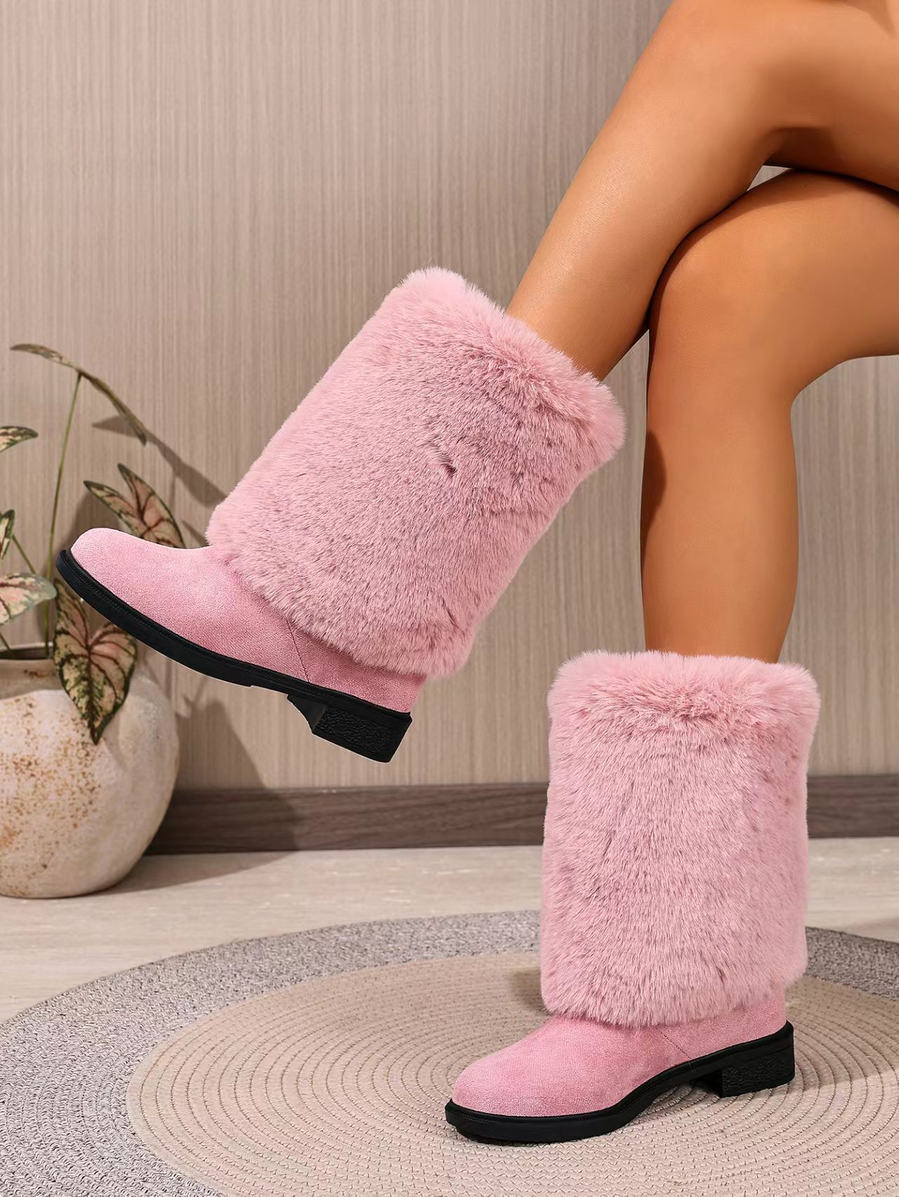 Botas de neve para mulher em camurça forradas com lã quente_voghion.com