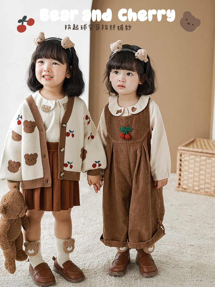 Wulibuyi niñas vintage cardigan de punto traje lindo oso cereza niños otoño suspender Pantalones