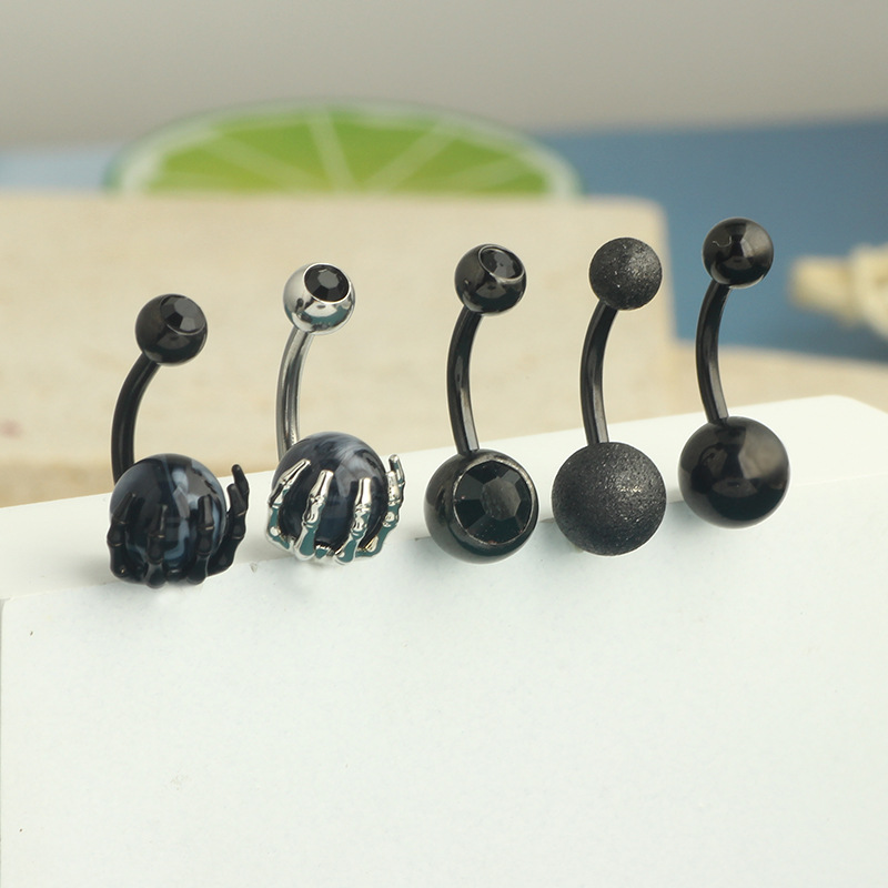 5-Piece Black Amazon Stainless Steel Zircon Diamond-Embedded Dragon Claw Navel Ring Set detail image 12