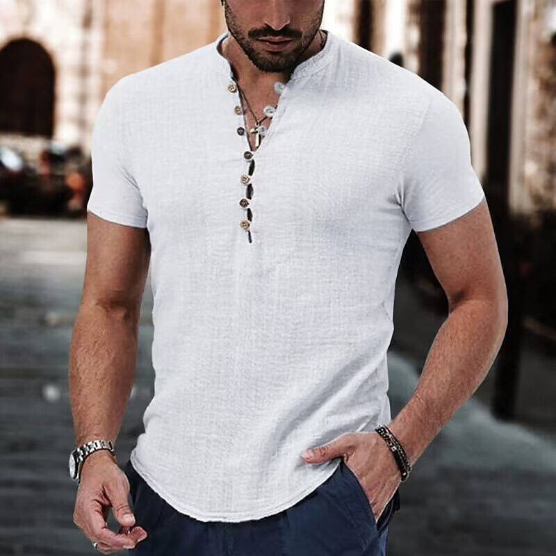 2023 Independent Station Cross-border Latest Men's Linen Casual Shirt Modest V-neck Summer Casual Clothing