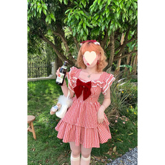 プラスサイズの女性の夏甘くてかわいいデザインフライングスリーブ赤いチェック柄バイタリティドレスチュチュスカート